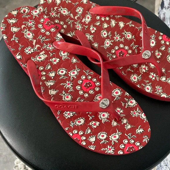 Coach Red Floral Flip Flops - Picture 3 of 6